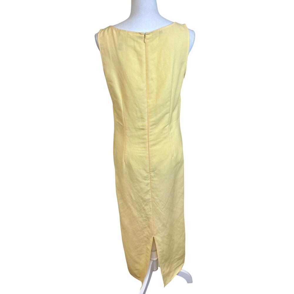VINTAGE Y2K 90s Butter Yellow Linen Blend Column Dress Sz 8 Crochet Lace Cottage